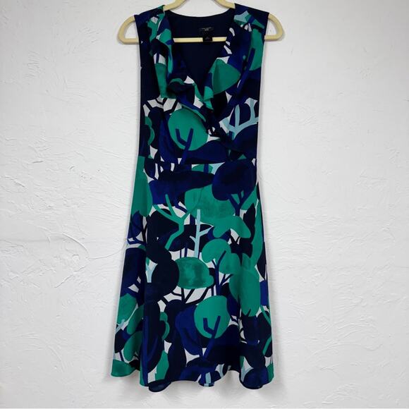 Ann Taylor Green Blue Floral Ruffled A Line Dress Womens 14P Belted Modest - Picture 1 of 9